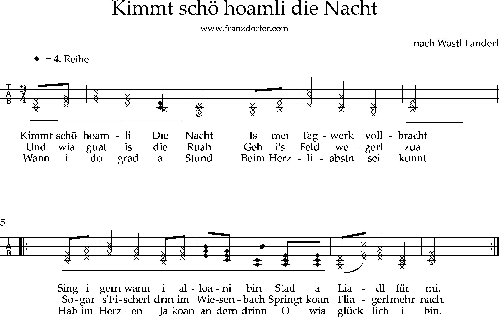 Noten , 3stimmig, kimmt schö hoamli die Nacht